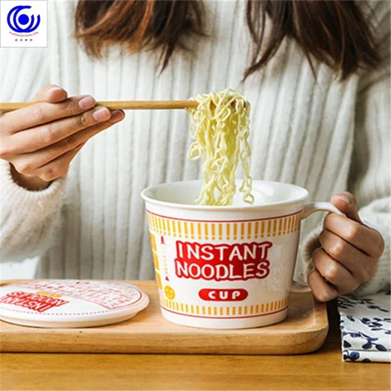 Creative Ceramic Instant Noodle Bowl with Lid, Girl Student Dormitory Cereal Big Breakfast Bowl Cup