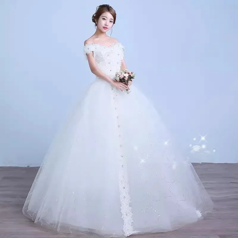 Cheap Wedding Dresses White Floral Off the Shoulder Sequins Bling Princess Simple Floor-length Plus size Bride Ball Gowns XN086