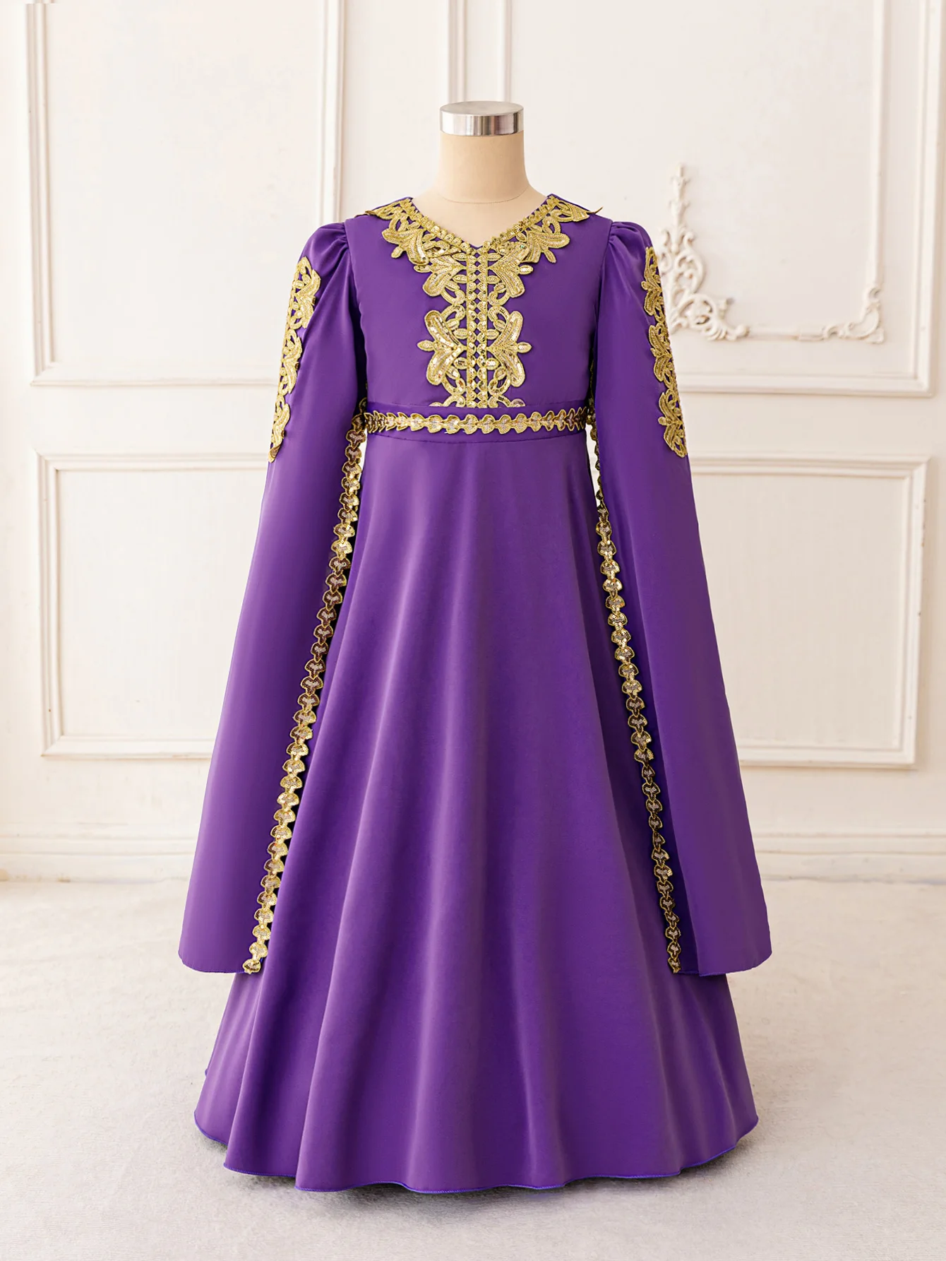 FRobe dress holiday party girls princess dress sequin ribbon children's dress little girl long-sleeved dress Muslim clothing
