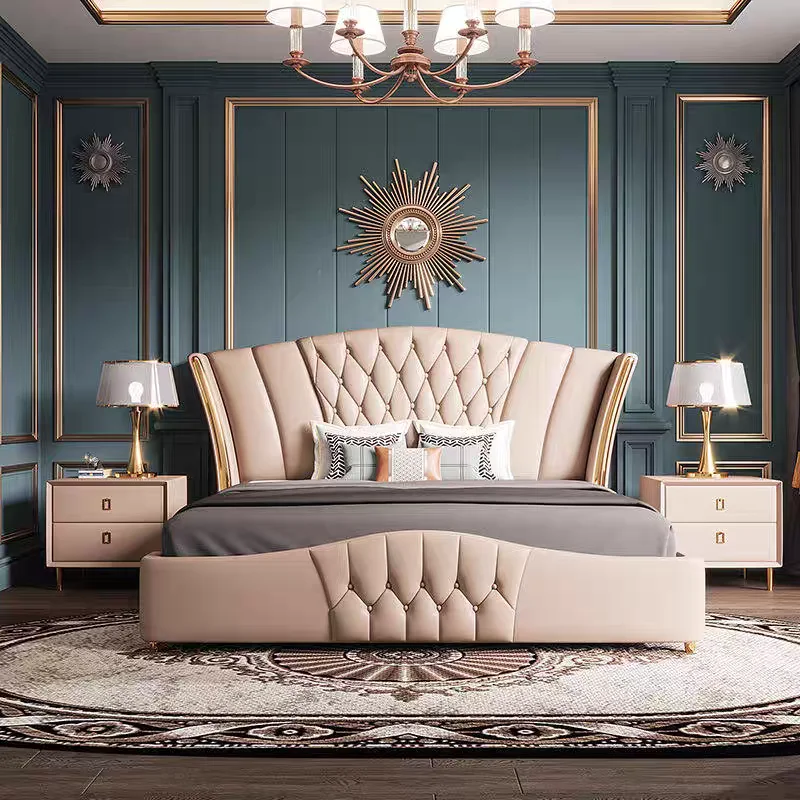 Modern Luxury Queen and King Size Bedroom Furniture New Design Soft Upholstered Microfiber Leather Hotel Bed Modern Wood Set
