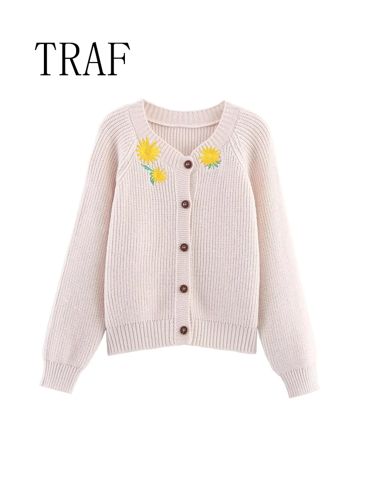 

TRAF European and American style women's new fashion casual versatile sunflower embroidered knitted long-sleeved jacket