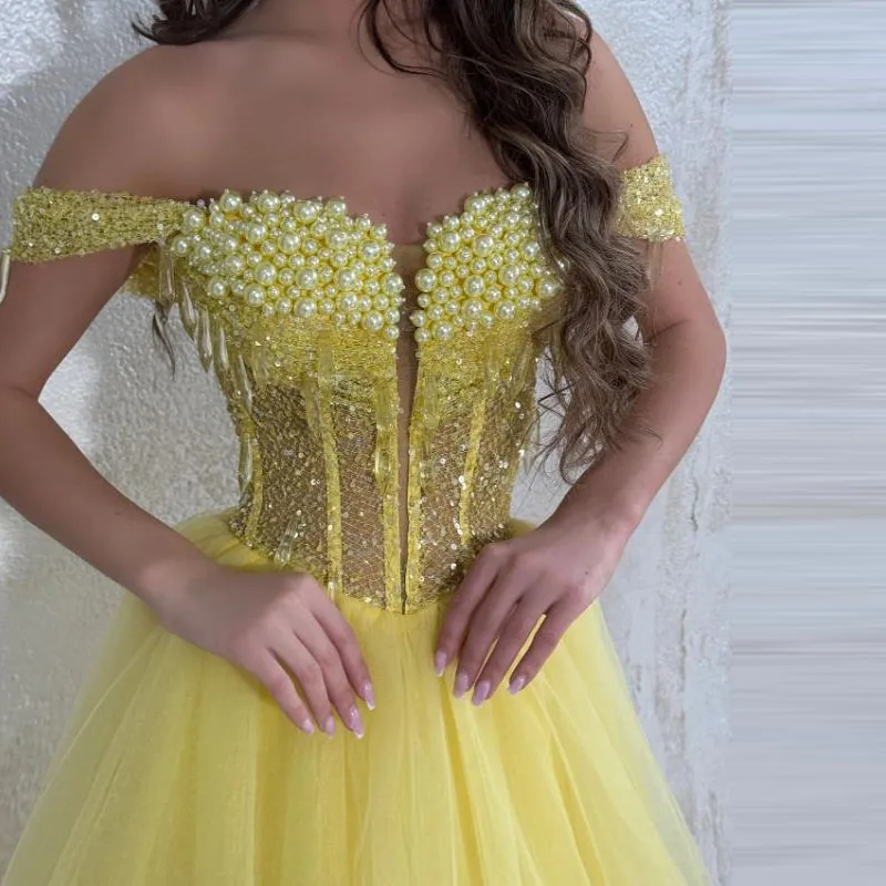 Customized Yellow Off the Shoulder Prom Dresses Pearls Corset Ball Gown Bead Tulle Long Wedding Party Dress for Women