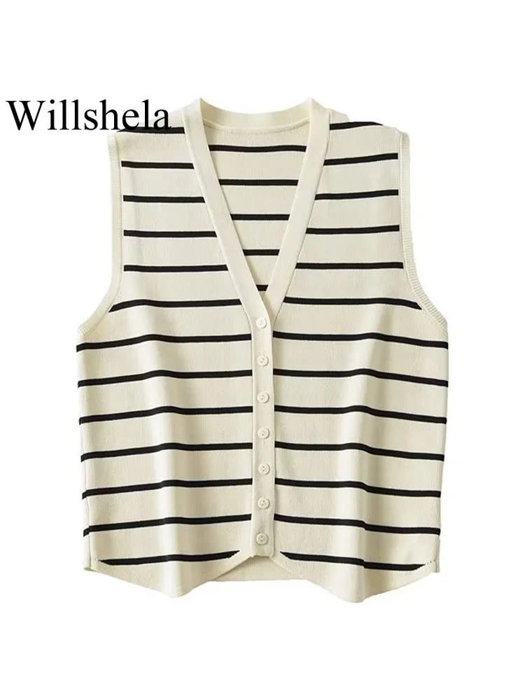 Willshela Women Fashion Argyle Plaid Single Breasted Knitted Vest Vintage V-Neck Sleeveless Female Chic Lady Outfits