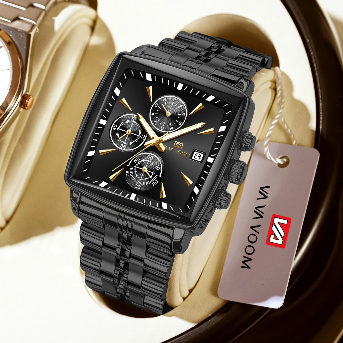 VA VA VOOM Hot Selling Quartz Watch Men Original Design Multi Functional Timing Black Steel Strap Timing Business Watch Clock