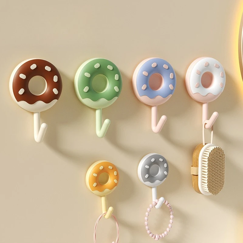 

6Pcs Creative Plastic Donut Shape Hooks Wall Mounted Self-adhesive Sticky Hooks Decorative Waterproof Clothes Hanger Kitchen