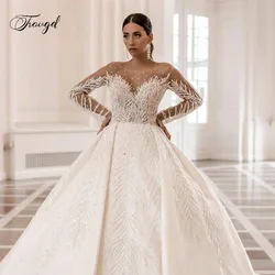 Traugel Sexy Backless Long Sleeve Crystal Ball Gown Wedding Dresses Exquisite Appliques Beaded Court Train Vintage Bridal Gown