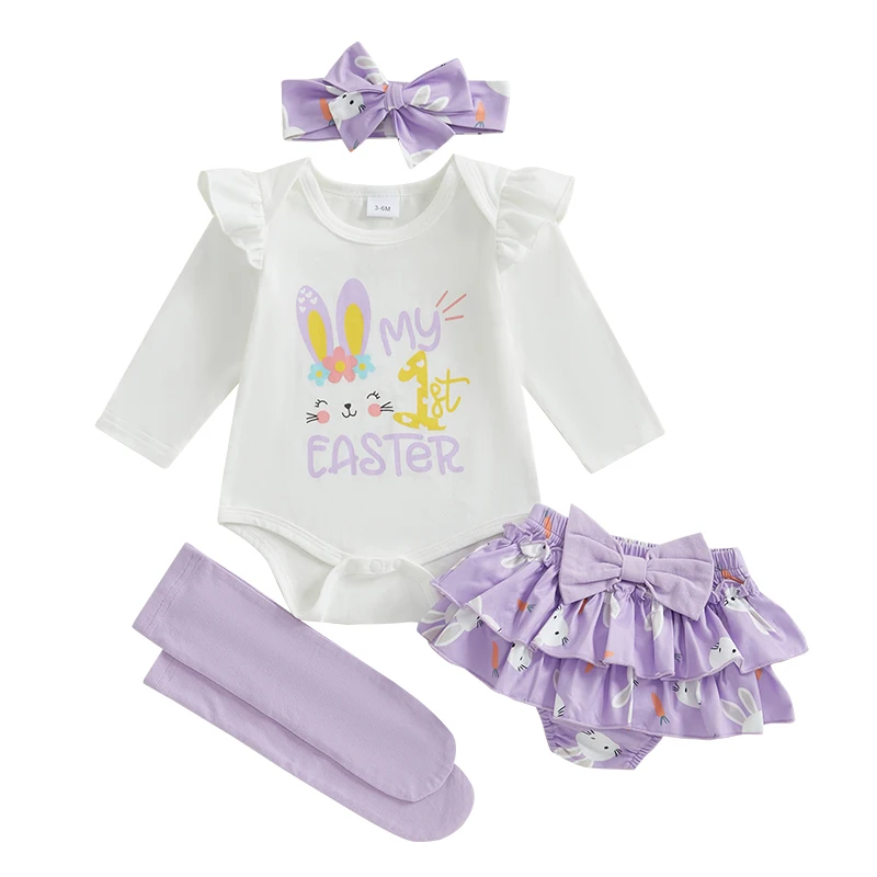 Baby Girl Easter Outfit Bunny Long Sleeve Romper Bow Layered Ruffle Shorts Tie-up Headband Socks Spring Clothes