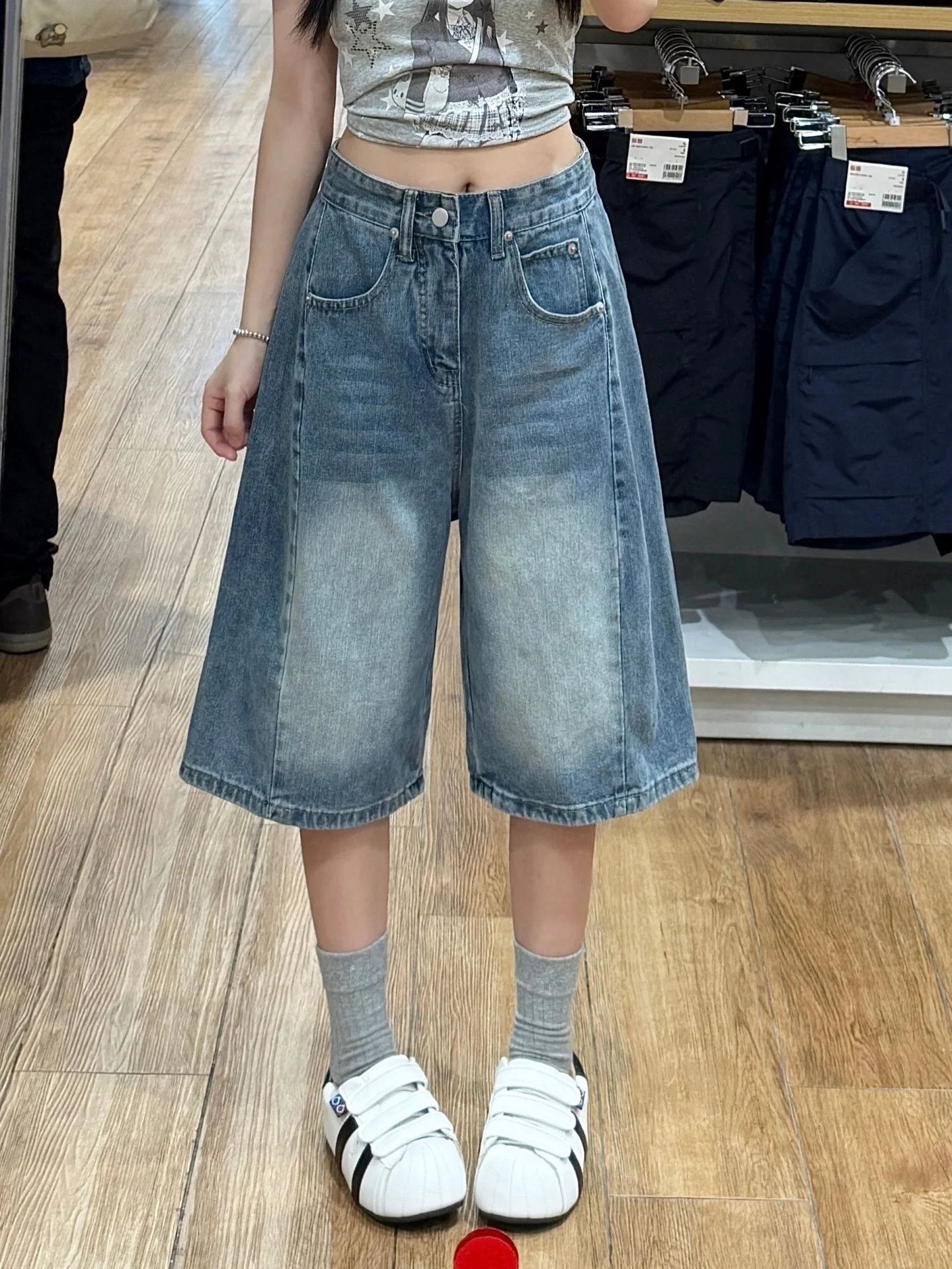 Retro American Casual Loose Women's Denim Five-Point Pants Summer 2026 New Style High Waist Wide Leg Jeans plus Size