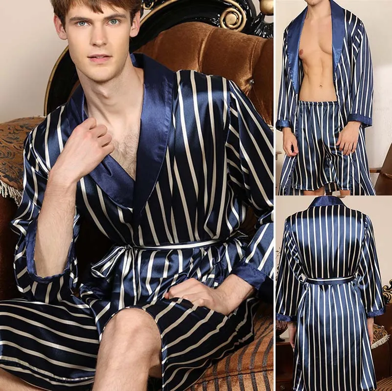Plus Size Men's Robe 2PCS Pajamas Set Spring Autumn Print Kimono Bathrobe Gown Shorts Suits Casual Satin Homewear Loungewear