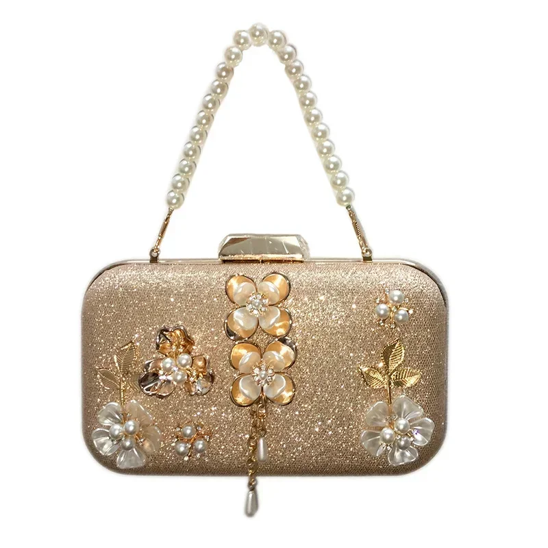 Women's Champange Golden Handbag Formal Party Diamond Pearl Petal Chain Tassel Evening Bag Metal Flower Sqaure Clutch Bag Shinny