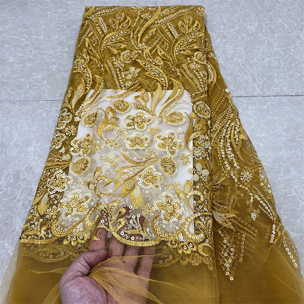

African Nigerian Tulle Lace Fabric,High Quality，Sequins EmbroideryBeaded, French GuipureWedding Party Dress, 5Yards, 2024