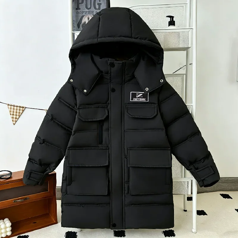 Boys Windproof Long Jackets -30℃ Winter Kids Thick Warm Parka Outerwear Children Cargo Pocket Zipper Snowsuit Coat 5-12 Years 4