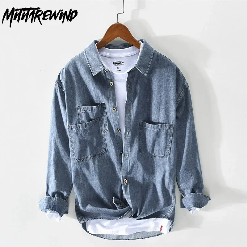 Retro Long Sleeve Denim Shirt Men Streetwear Light Blue Cowboy Tops Multi-Pocket Pure Cotton Jean Shirt Male Casual Loose Shirts