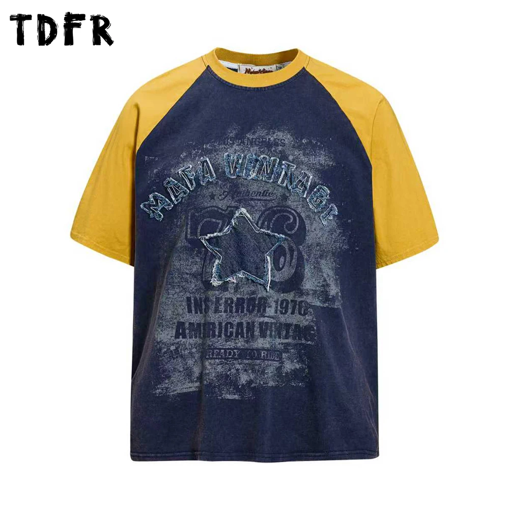 Patch Embroidery Raglan Sleeve T-shirt Mens Summer Letter Print Summer Retro Loose Crew Neck Short Sleeve Cotton Tee Man Tshirt