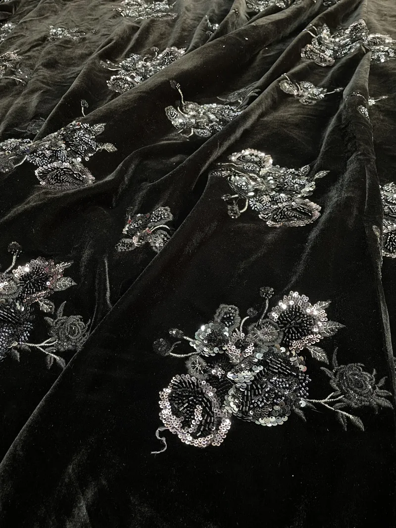 

New gorgeous tube sequin floral embroidered velvet fabric for dresses, evening gowns, coats, shawls, beaded fabric