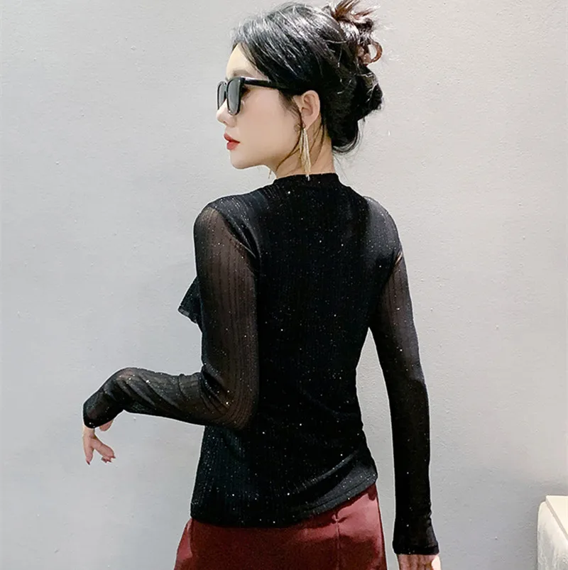 M-3XL New 2024 Autumn Long Sleeved Women's T-Shirt Fashion Ruffles Beading Mesh Top Female Shiny Casual Elastic Slim Tees Blusas