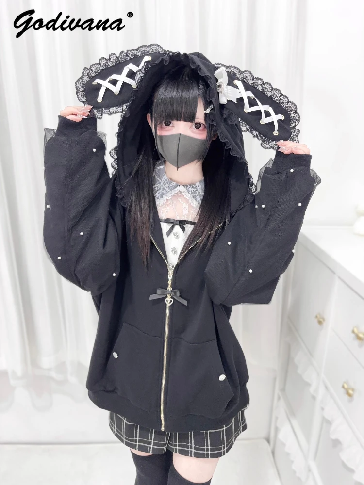 New Autumn Sweet Cute Bunny Ears Hooded Lace-up Bow Pearl Decorative Long Sleeve Jacket Jaanese Mine Loose Zipper Hoodie Coat