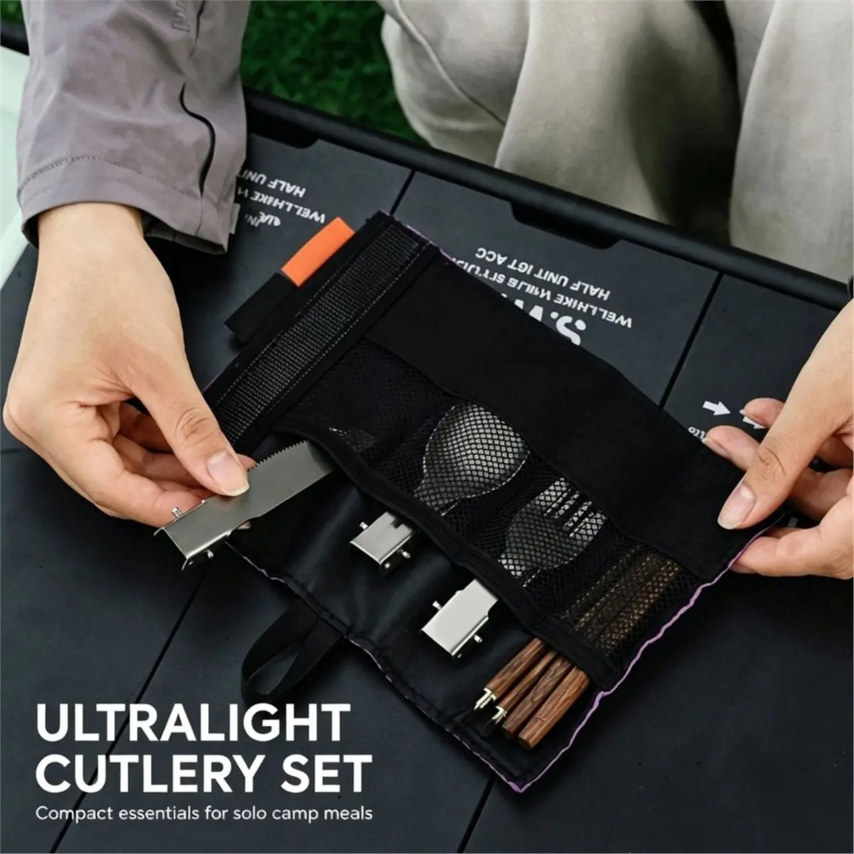 5pcs Portable Camping Cutlery Set with Roll-Up Pouch Folding Spoon Fork Knife Chopsticks Travel Picnic Tableware Black