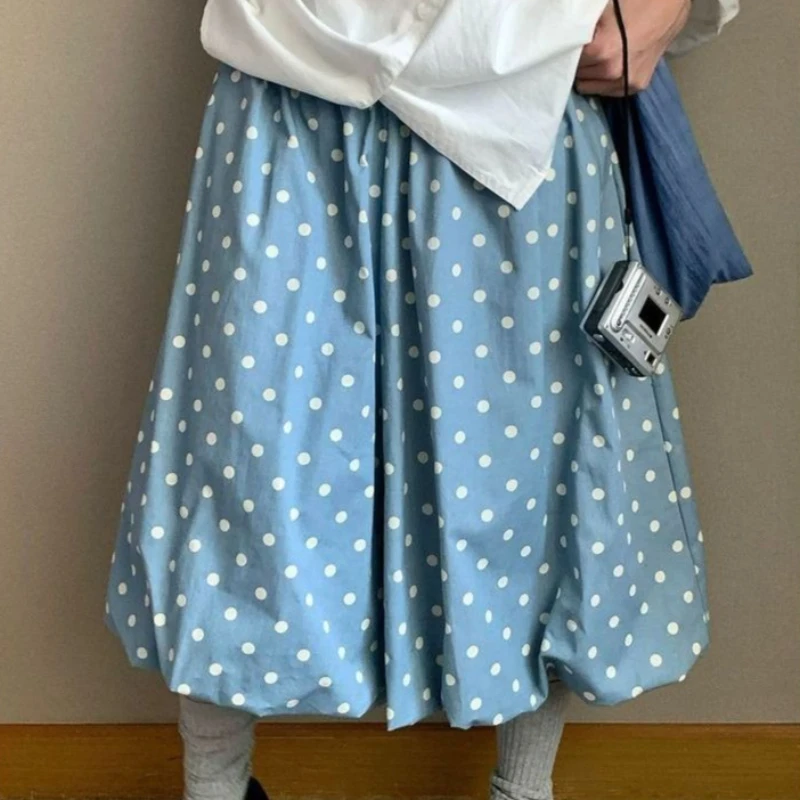 Korean Style Fashion Vintage Y2K Polka Dot Bubble Hem Culottes Skirt Spring Summer Elasticated Waist A-Line Midi Skirt for Women