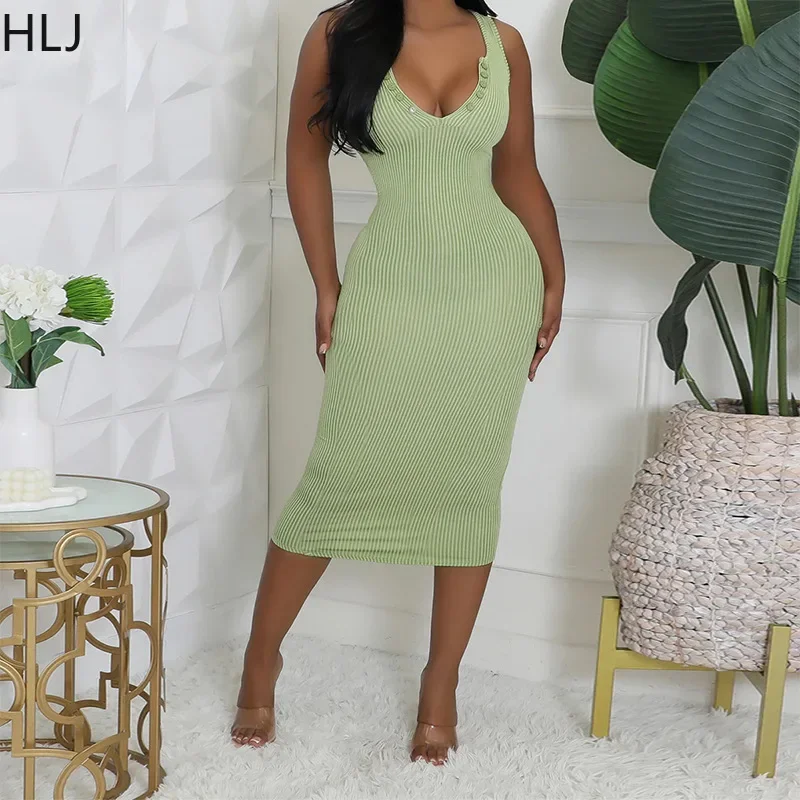 HLJ&GG Spring New Ribber V Bodycon Mid Dress Women Button U Neck Sleeveless Slim Vestidos 2025 New Stretchy Solid Clothing 2025