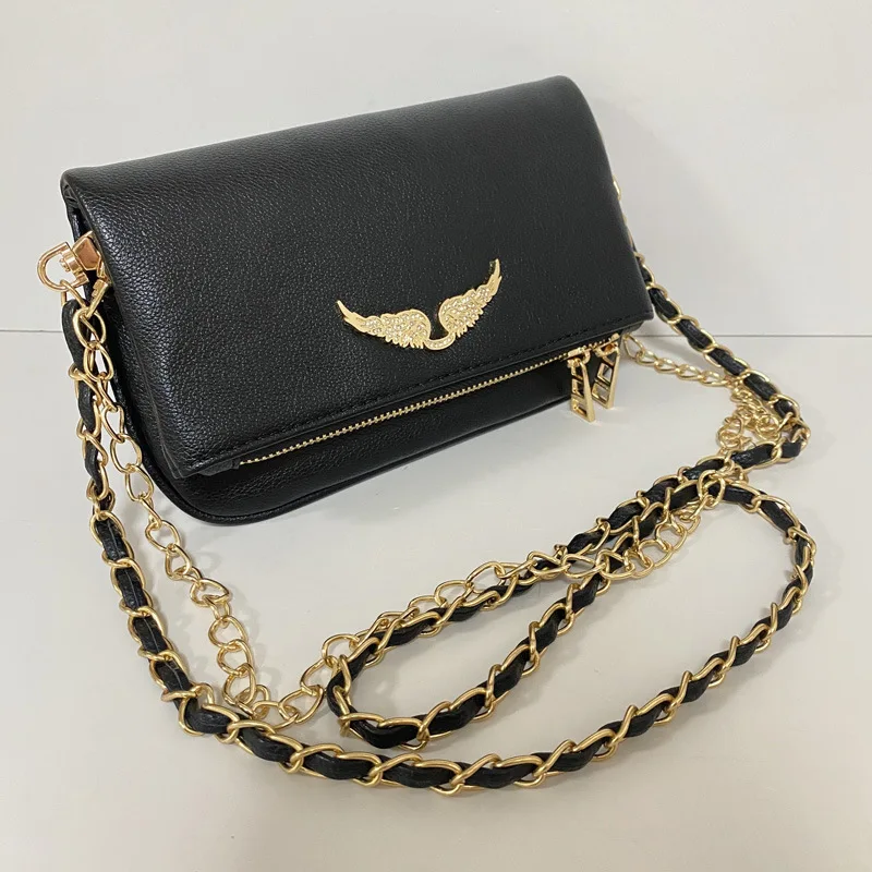 حقيبة ZV نسائية عصرية جديدة لعام 2025 باللون الأسود حقيبة أجنحة الماس الصغيرة حقيبة مغلف بسلسلة بتصميم فاخر