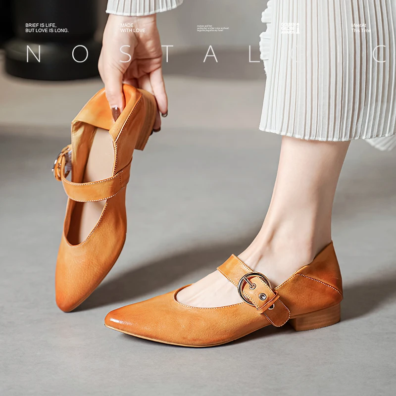 2025 ريترو الشقق أشار تو ماري جين امرأة الشقق أحذية بسيطة السيدات عالية الجودة جلد الحصان ربيع الخريف خمر الأحذية #4