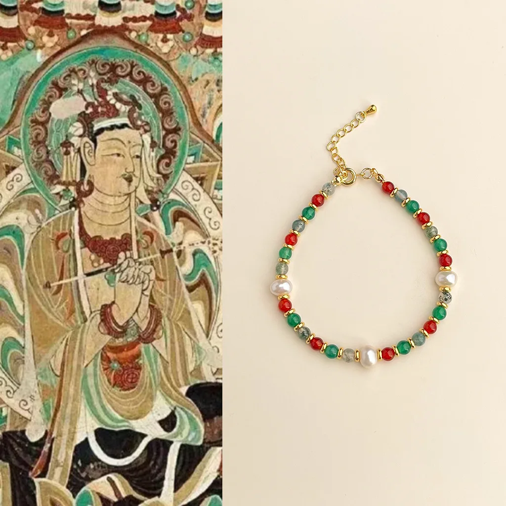 

Original And Innovative Chinese-style Freshwater Pearl Red And Green Agate Bracelet, Retro Red And Green Color-blocked Beaded Je
