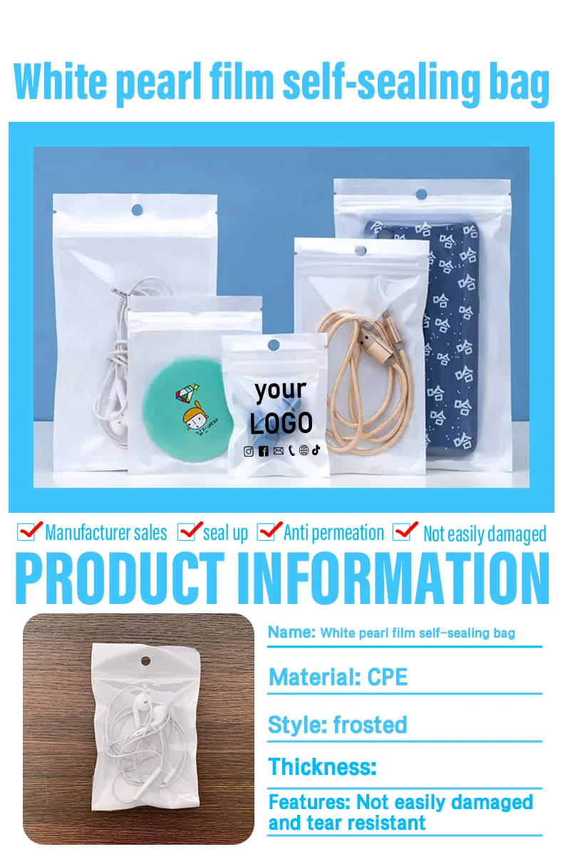 100 weiße Perlenfolien-Ziplock-Beutel, kleine, durchsichtige Verpackungsbeutel für digitale Accessoires, mit individuell bedrucktem Logo – Detail 1