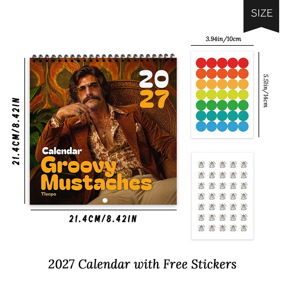 1pc 2027 Vintage Bearded Man Wall Calendar,12‑Month Planner,Gift For Back‑to‑School,Christmas,New Year,Free Stickers Included