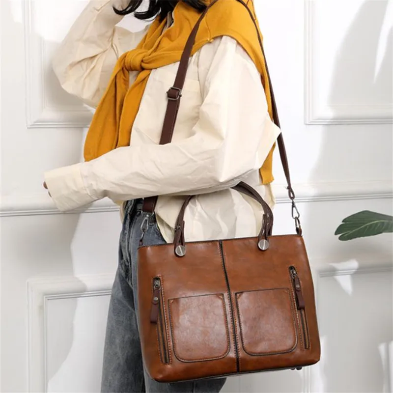 

Кожаная сумка в стиле ретро в Европе и Америке, сумка через плечо с двумя карманами на молнии, классические сумки через плечо для женщин, работы и бизнеса