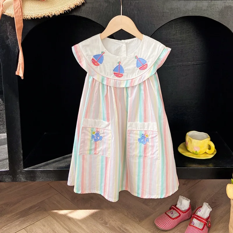 Korean Children's Clothing Color Striped Sailboat Embroidery Girls Sleeveless Dress 2025 Summer Navy Style Kids Princess Dress