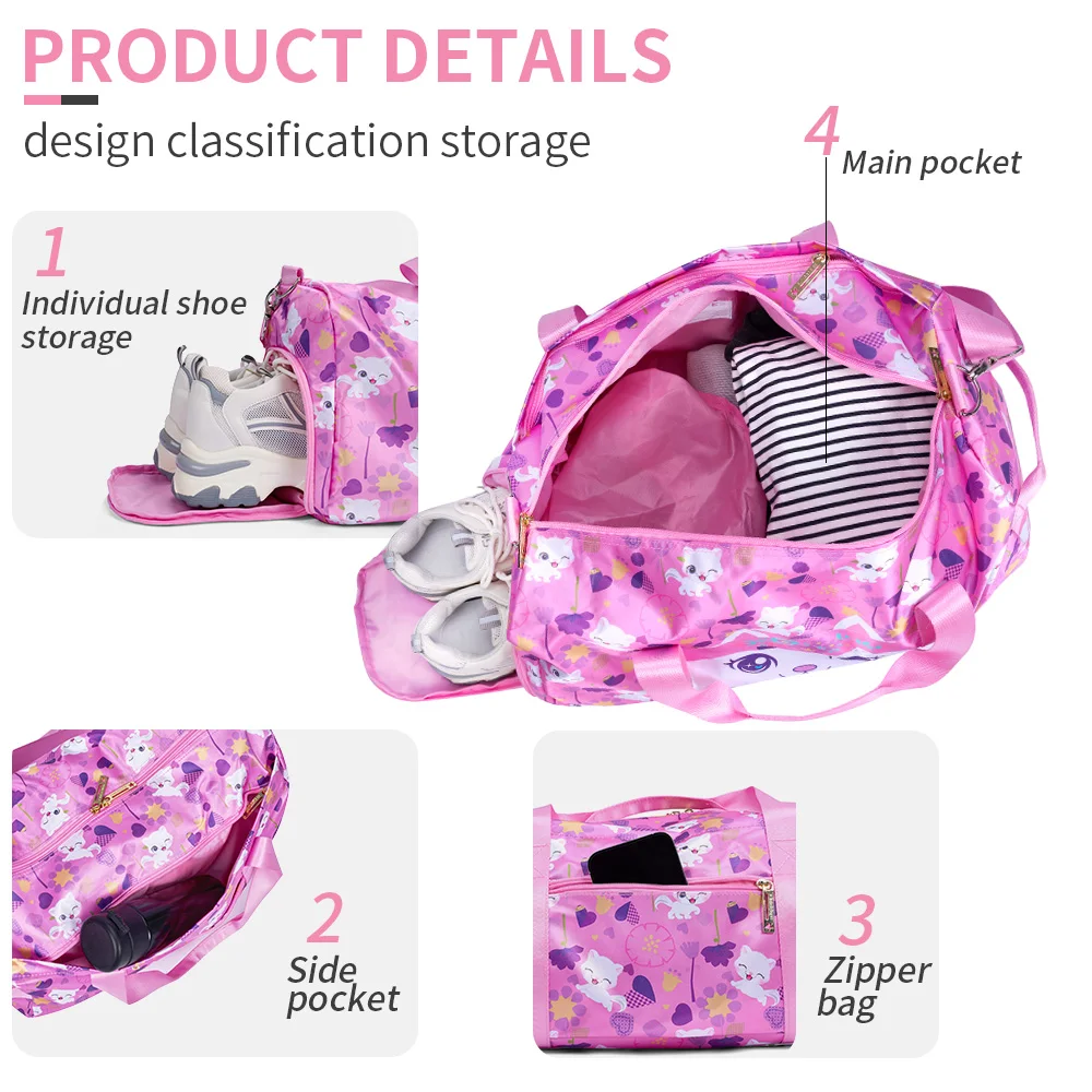 BLING BABIES Cat-themed girl ballet bag, children\'s duffel bag and gym bag, pink travel dance bag with shoe compartments.