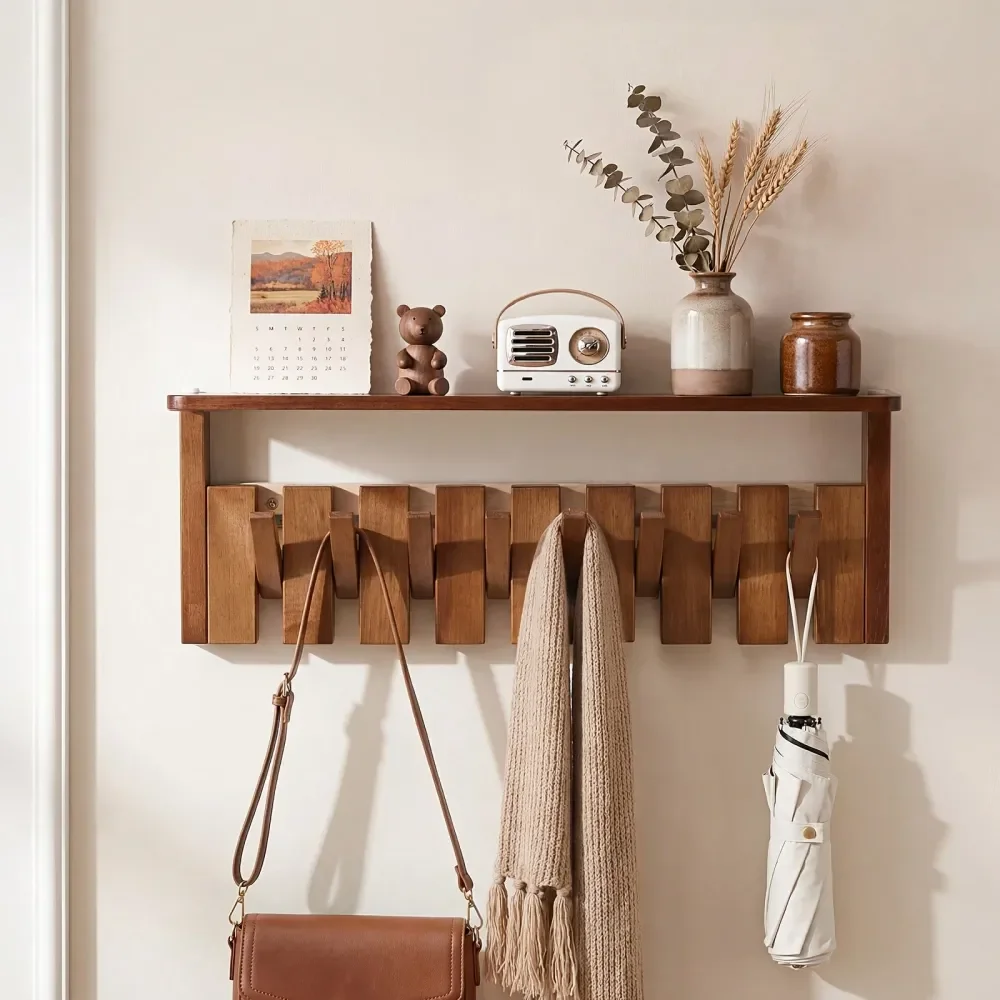 

Mounted Coat Rack With Shelf, Solid Wood Floating Organizer With 6 8 Magnetic Hooks For Clothes Hats Bags Brown
