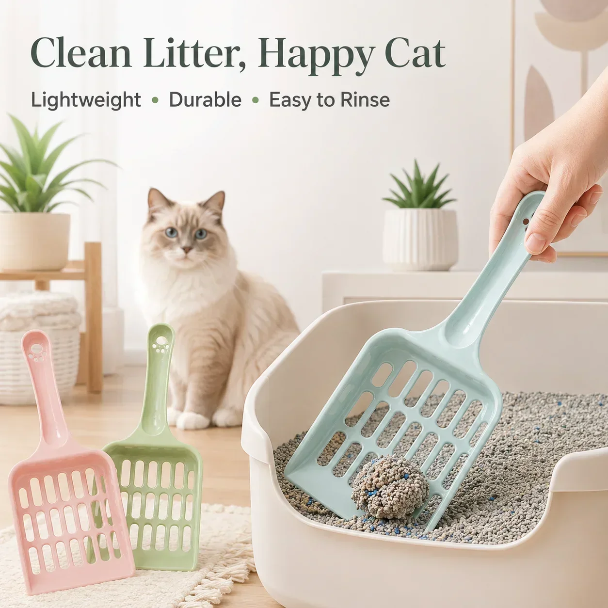 Durable Plastic Cat Litter Scoop, Heavy Duty Kitty Poop Scooper with Sifting Holes for Clumping Litter