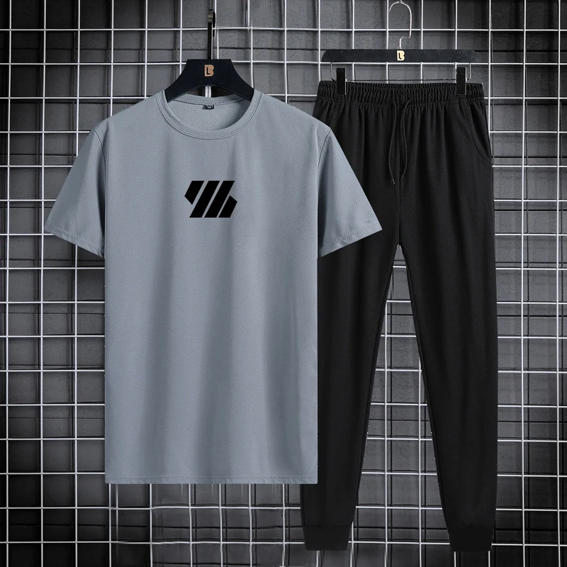 

Three bar sports short sleeved pants set, summer casual trend printed fashion two-piece set, outdoor running quick drying set