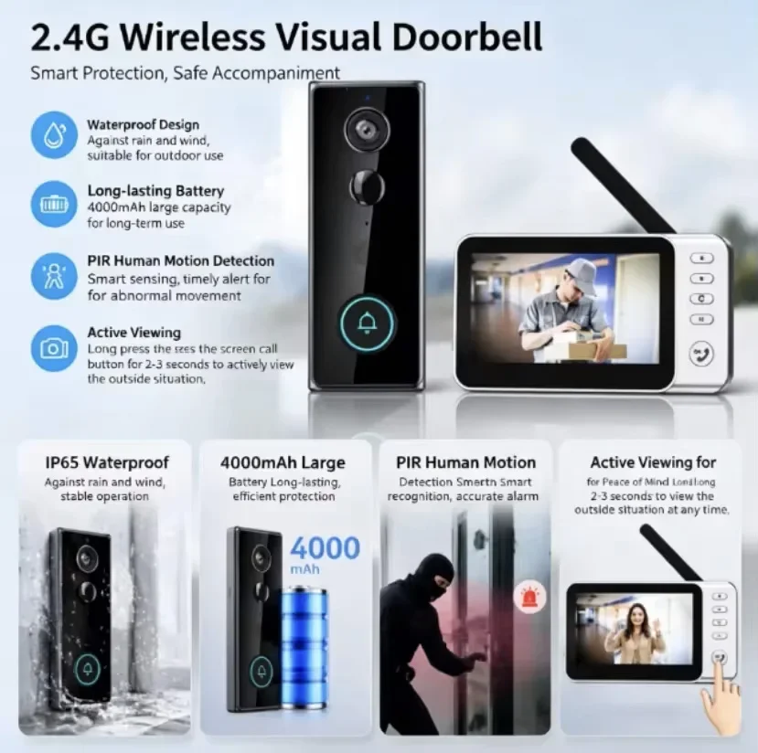 New Waterproof Wireless Doorbell Camera 4.3 Inch Digital Door Viewer Doorbell 170° IPS Screen Monitor Home Security PIR Sensor