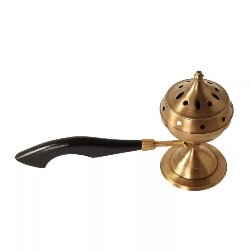 

Handmade retro solid wood handle brass aromatherapy stove handheld covered aromatherapy holder coffee table table ornament