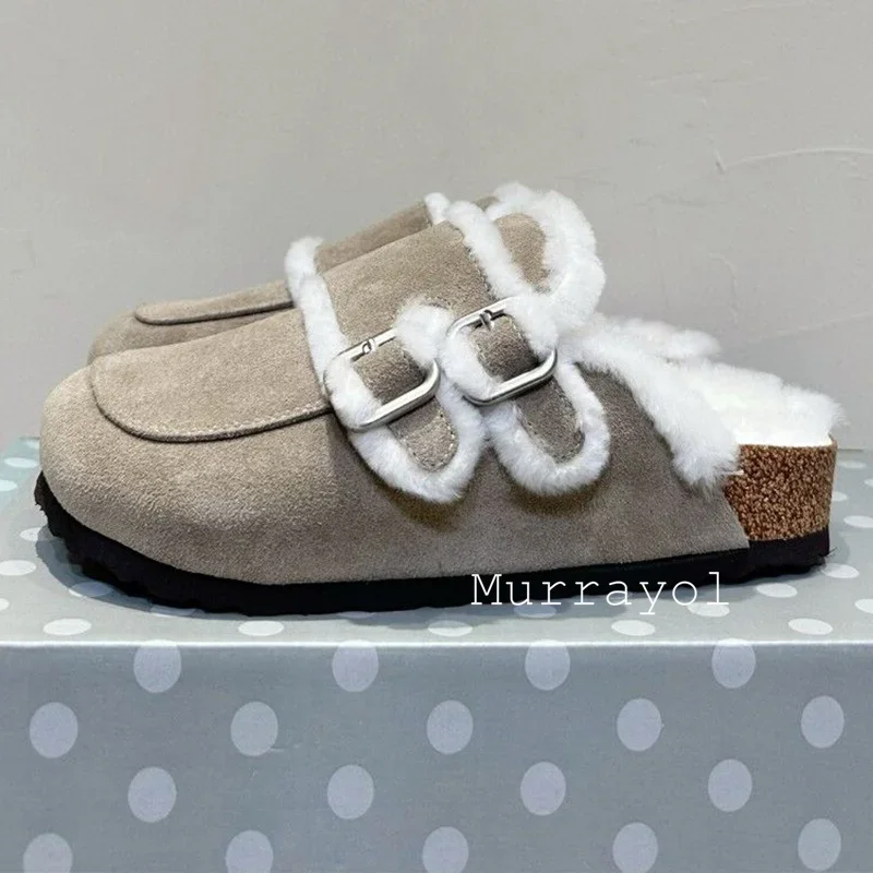 New Mixed Color Plush Lining Thick Bottom Slippers Women's Cow Suede Belt Buckle Design Mules  Spring Outdoor Vacation Shoes