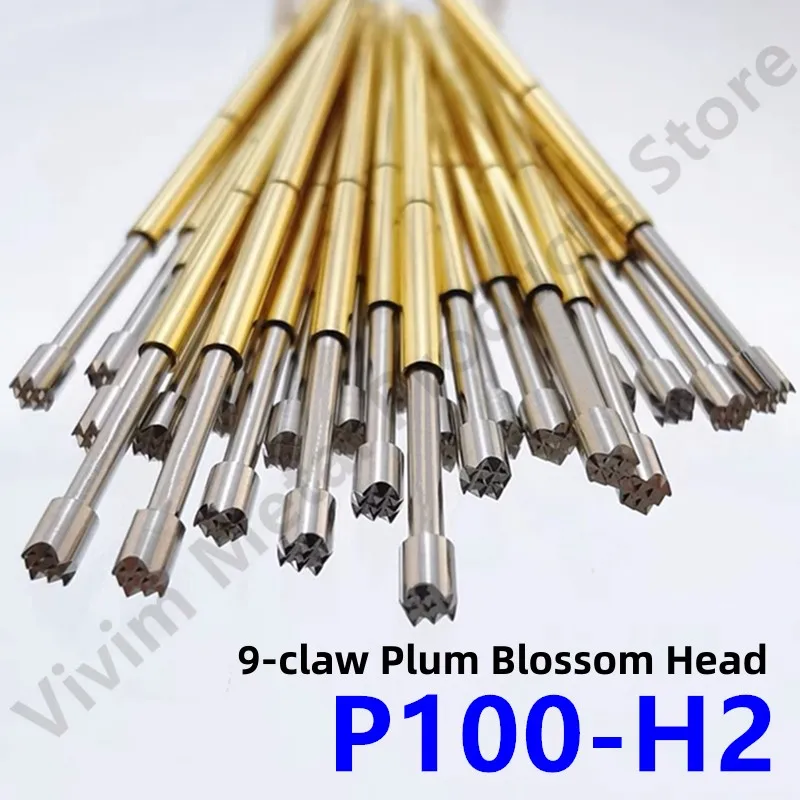 100PCS P100-H2 33.35mm 9-claw Plum Blossom Head Test Pin Dia 1.50mm Needle Spring Test Probe P100-H Dia 1.36mm Test Pogo Pins