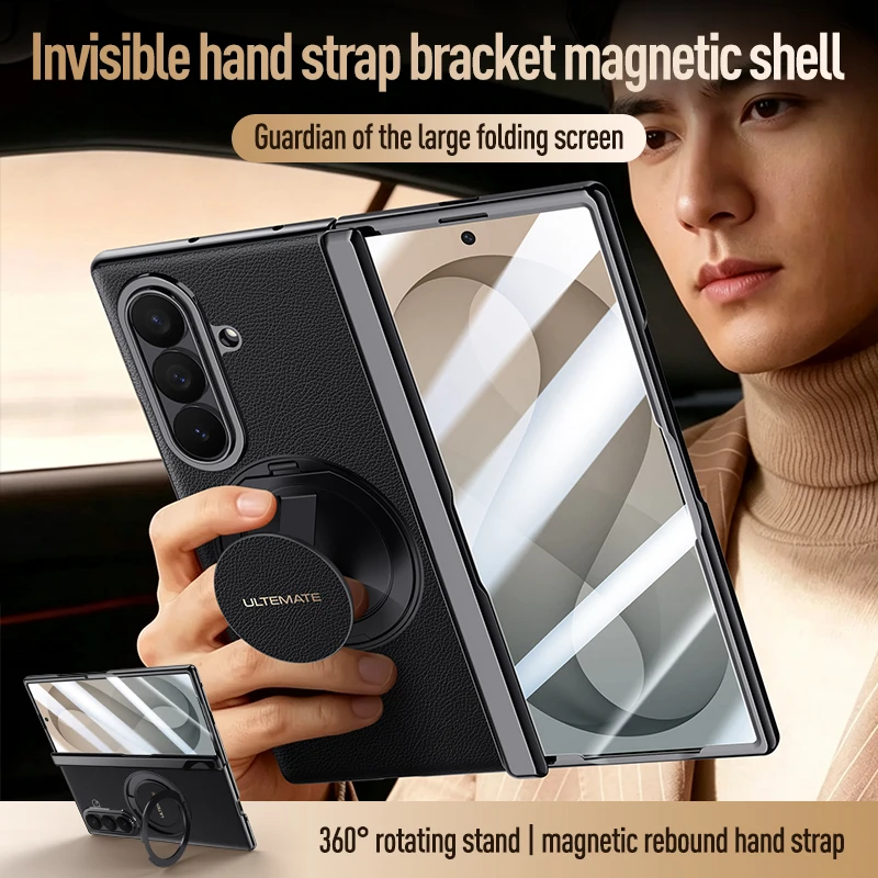 Case For Samsung Galaxy Z Fold 8 Ultra Luxury Magnetic 3 in 1 Hand Strap Rotation Ring Stand Cover With HD Privacy Glass Film
