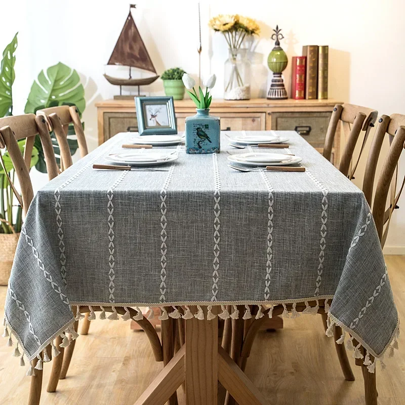 

INS Nordic plain imitation cotton linen embroidery fringe lace geometric rectangular table cloth