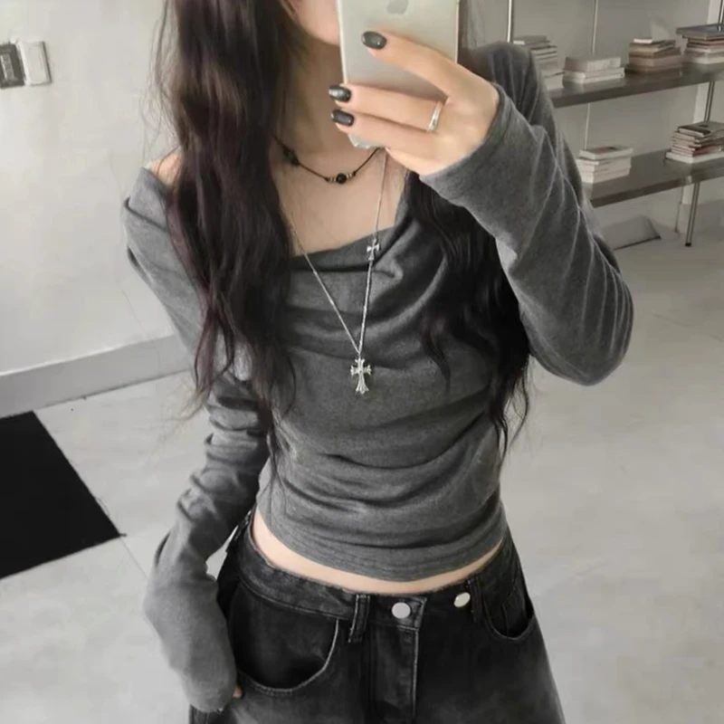 Deeptown Gray Elegant Women T-Shirts Off Shoulder Long Sleeve Korean Fashion Slim Tees Aesthetic Solid Basic Casual All-match