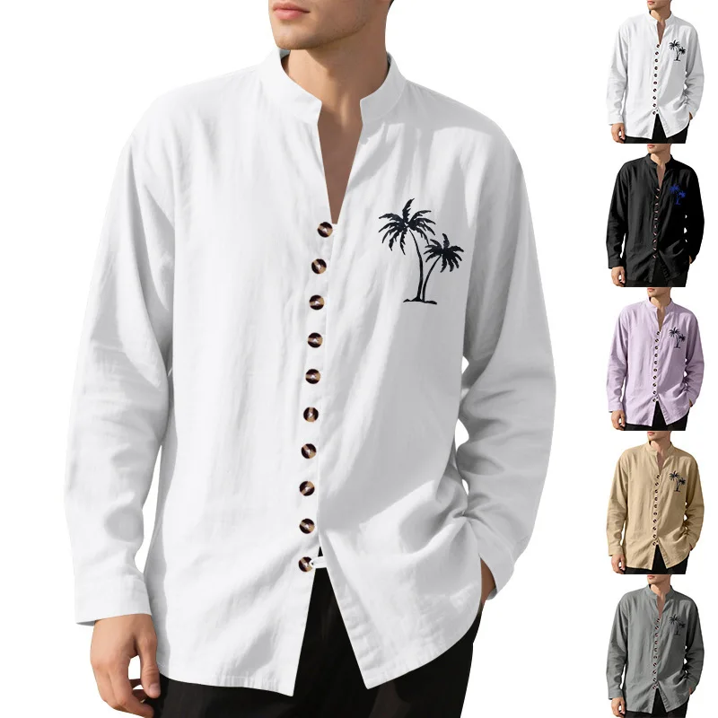 

New Fashion Men's Shirt, Coconut Tree Casual Print Vintage Stand Up Collar Button Long Sleeve Shirt Men's Clothing