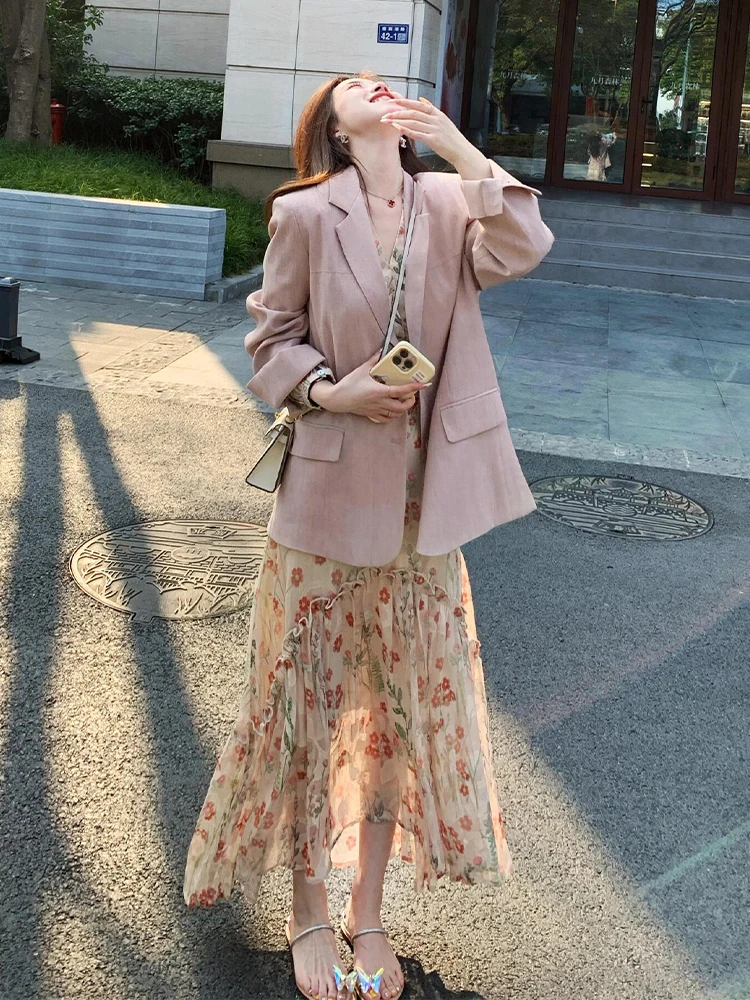 

Spring New plus Size Pink Suit Jacket And Floral Dress Set Women's Fashion Ensemble High Waist Long Skirt Loose Fit Style