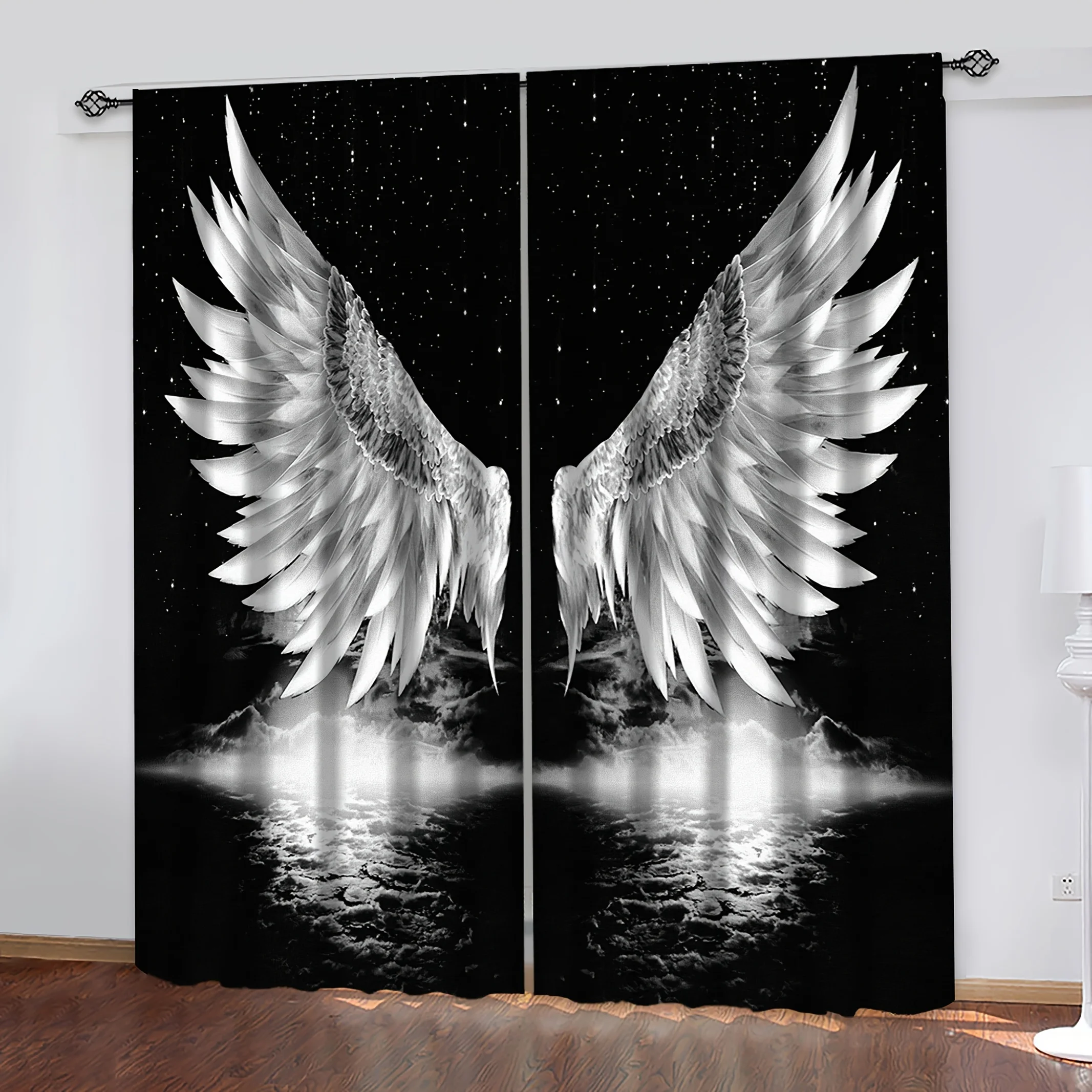 2pcs Black Art Window Curtains Angel Wings And Stars Room Decor Drapes Panel for Bedroom Living Room Window Treatments