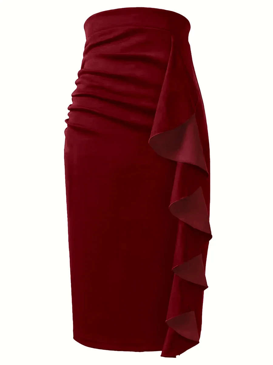 Women Elegant Wine Red Pencil Midi Skirt High Waist Ruffle Side Split Bodycon Stretch Slim Fit Office Party Night Out Wear