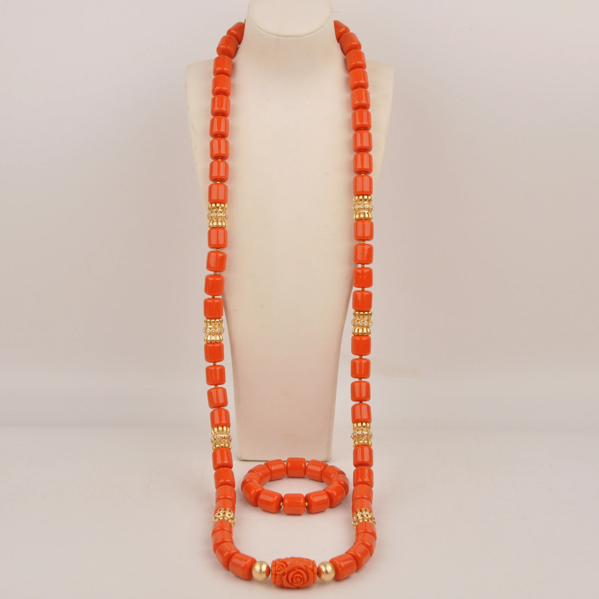 Minimalist men's orange imitation coral necklace, Nigeria wedding jewelry, Africa wedding bride wedding jewelry set XIN-113