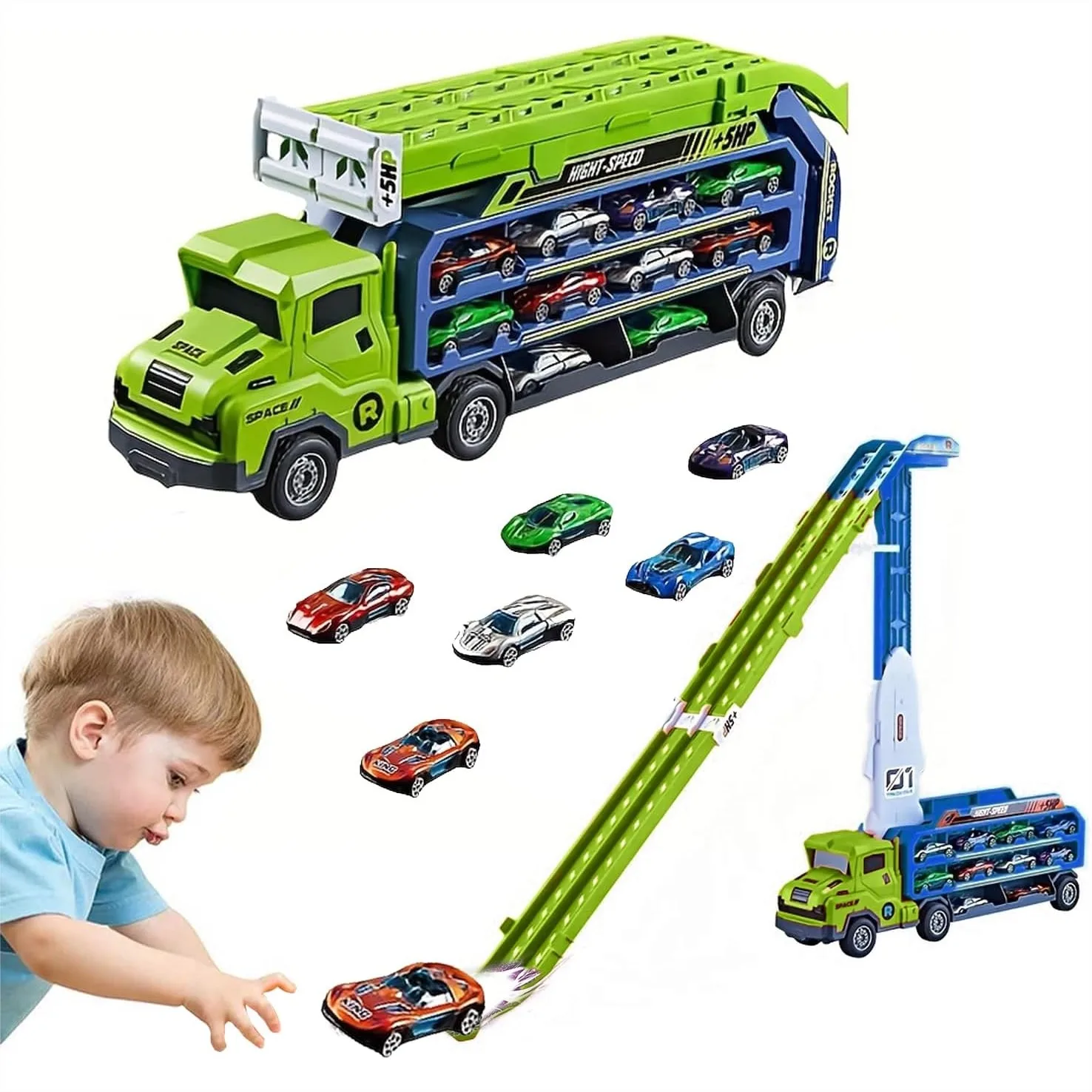 

Carrier Truck Transport Toy, Foldable 2-Layer Car Race Track with 25" Track & 6 Metal Cars, Gift for Boys Ages 3-8