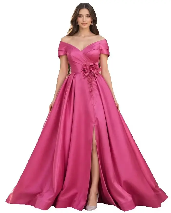 Satin A Line Mother of The Bride Dress for Women  Off The Shoulder V Neck 3D Flower  Split Side Formal  Party Gown Dress Customi