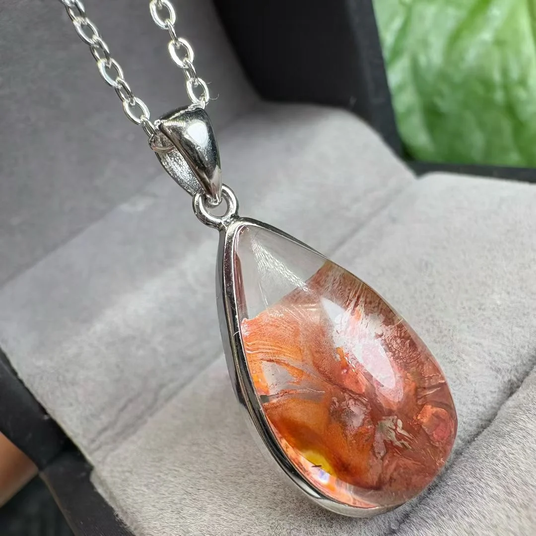 

1 Pc Fengbaowu Natural Yellow Red Hematoid Quartz Water Drop Square Pendant 925 Sterling Silver Crystal Jewelry Gift For Women